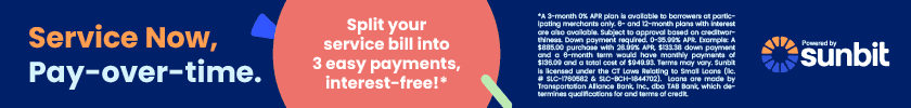 SERVICE NOW, PAY-OVER-TIME. SPLIT YOUR SERVICE BILL INTO 3 EASY PAYMENTS, INTEREST-FREE!