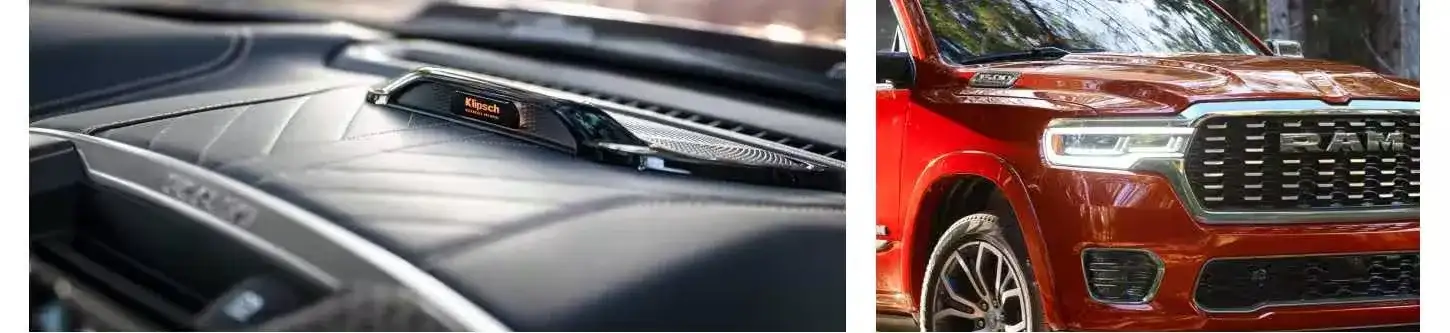 Close-up of the Klipsch dashboard speaker grille and the RAM 1500 front grille