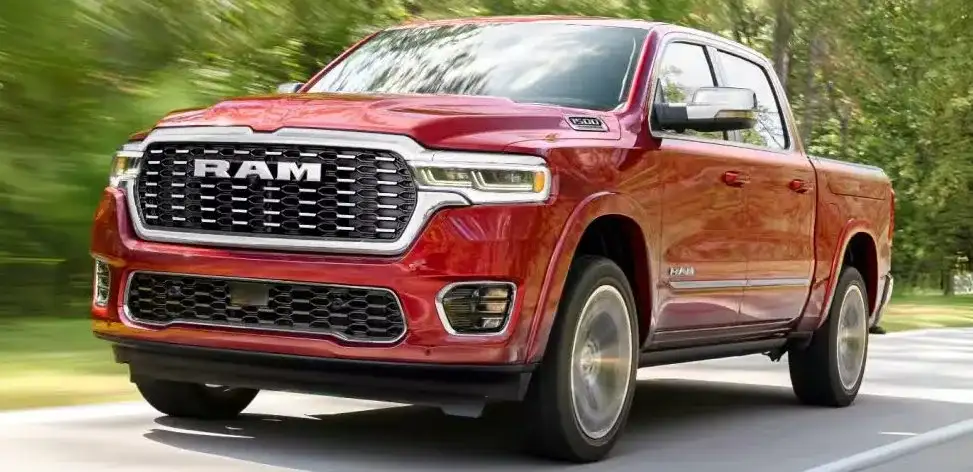 Red 2027 RAM 1500 showing its grille surround and fender flares