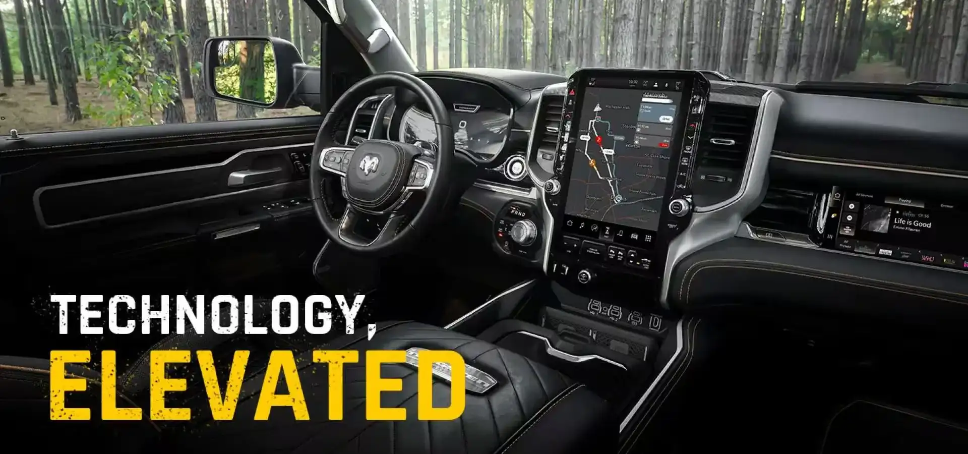 2027 RAM 1500 cockpit with the words Technology, Elevated