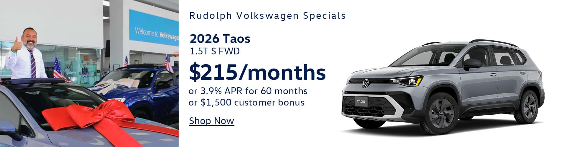 2026 VW Taos - $215/mo or 3.9% APR or $1500 Customer Bonus