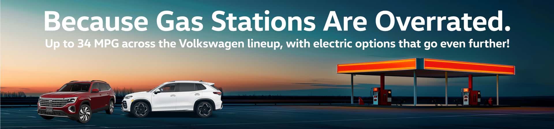 VW models in front of a gas station showcasing 34 MPG for the VW lineup
