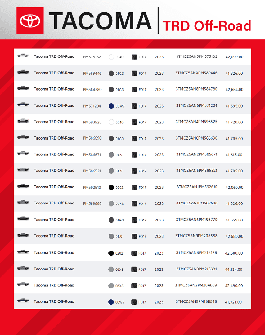 Tacoma TRD Reserve Menu